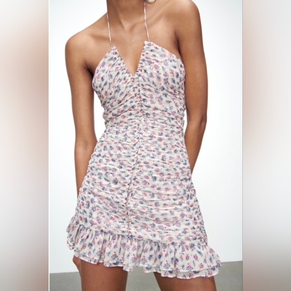 NWT ZARA Rouched Metallic Floral Mini Halter Dress